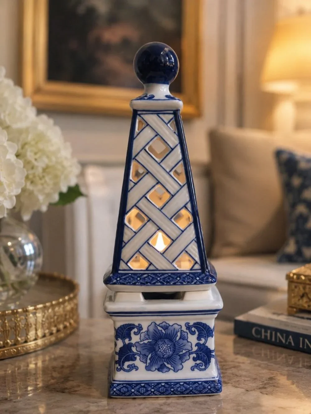 Designer-Inspired Blue & White Chinoiserie Obelisk Candle Holder Bombay Co. 10